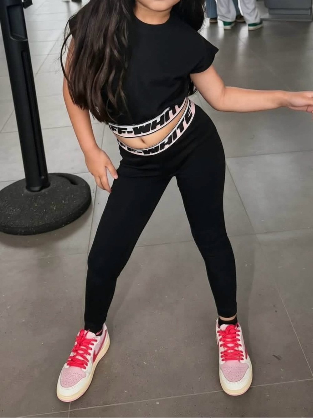 Off-White Black Kids Leggings with Pink Branded Waistband